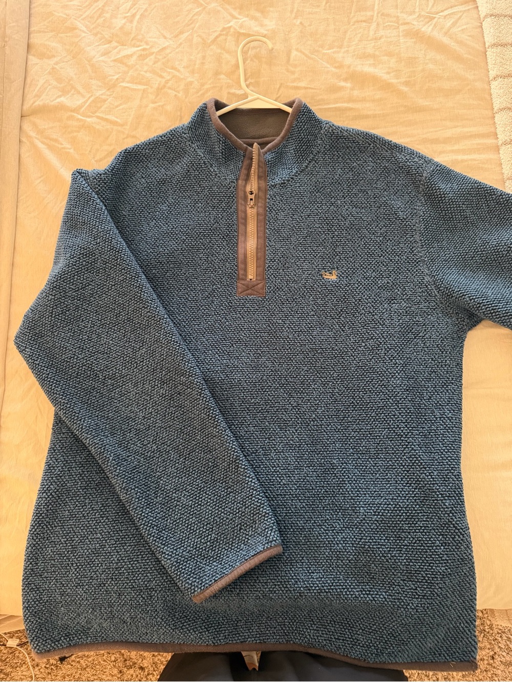 Southern Marsh Blue Quarter-Zip Textured Pullover with Brown Trim